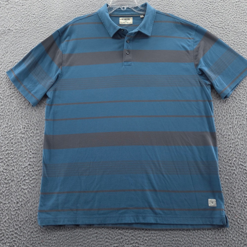 Linksoul Mens Short Sleeve Polo Shirt XL Blue Gray Stripe All Cotton Knit Golf